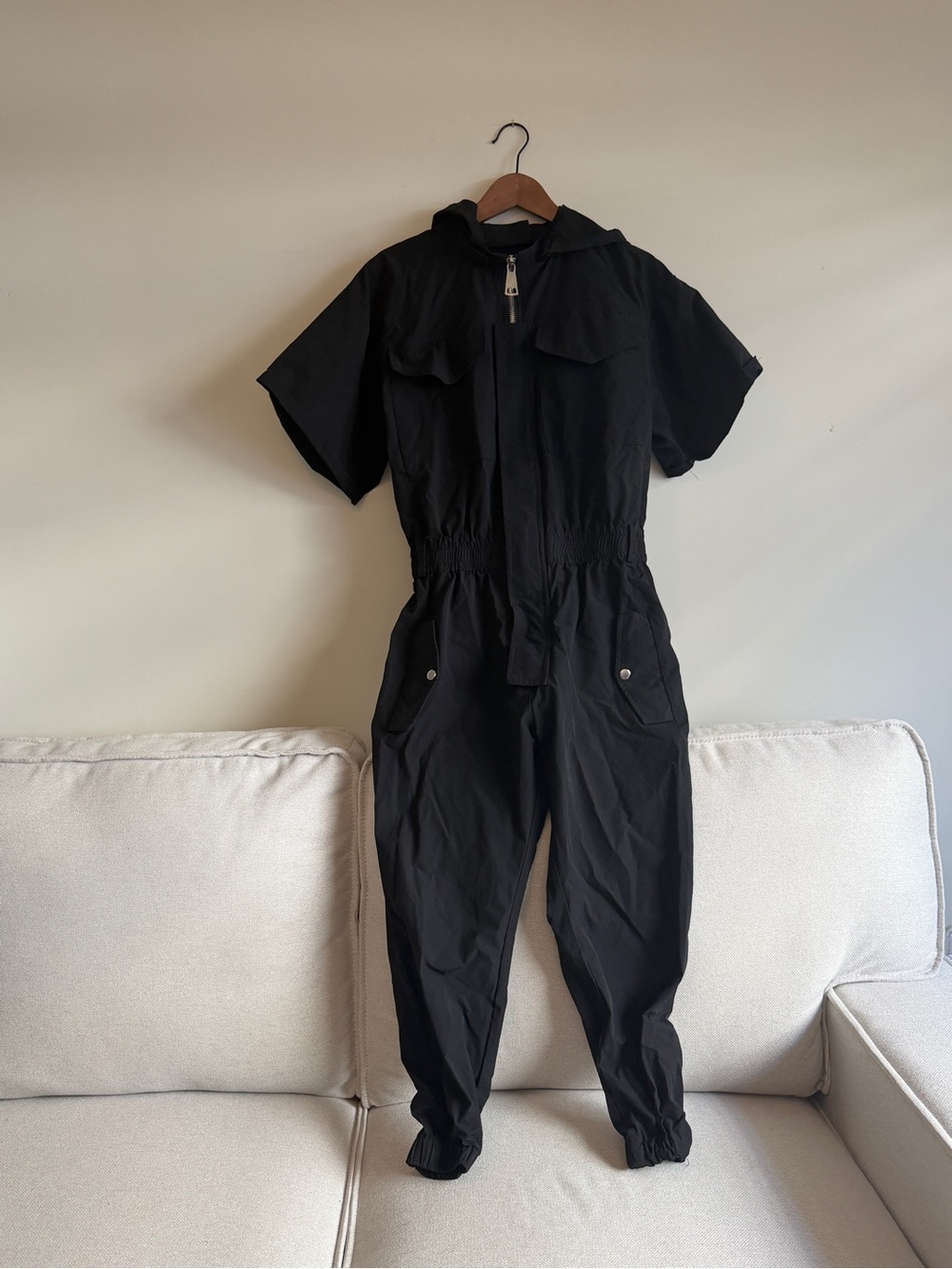 Black Short-Sleeve Hooded Utility Jumpsuit